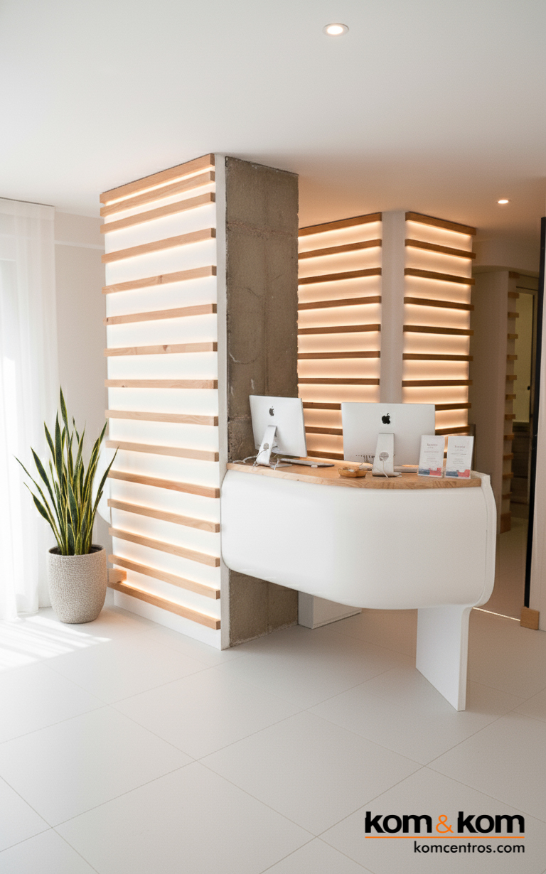 Mostrador curvo y abombado de recepción en clínica dental de Alicante, con iluminación sutil y paredes alistonadas de madera de inspiración nórdica.